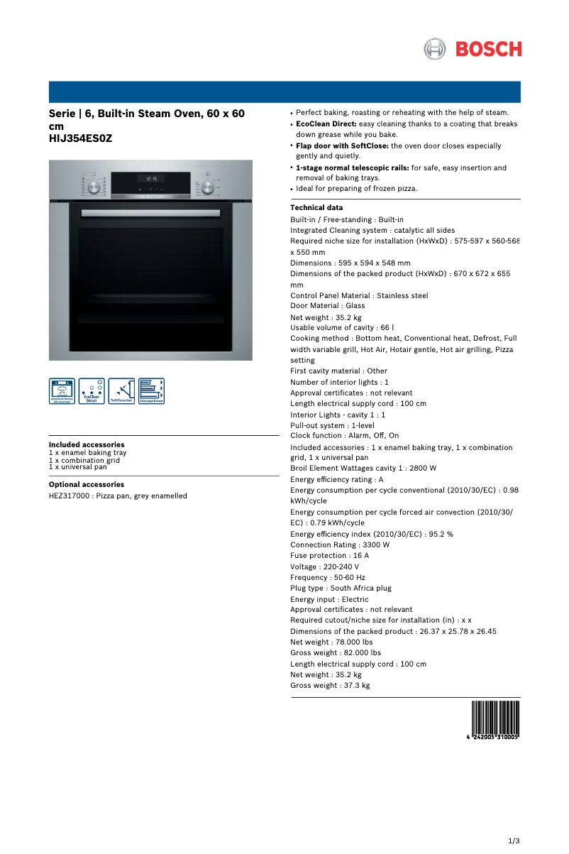 Page 1 de la notice Fiche technique Bosch HIJ354ES0Z