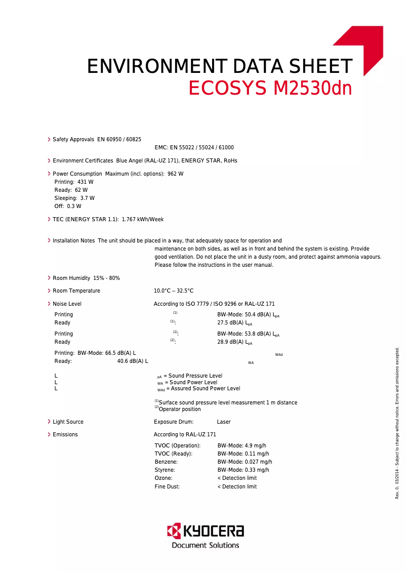Page 1 de la notice Fiche technique Kyocera Ecosys M2530dn