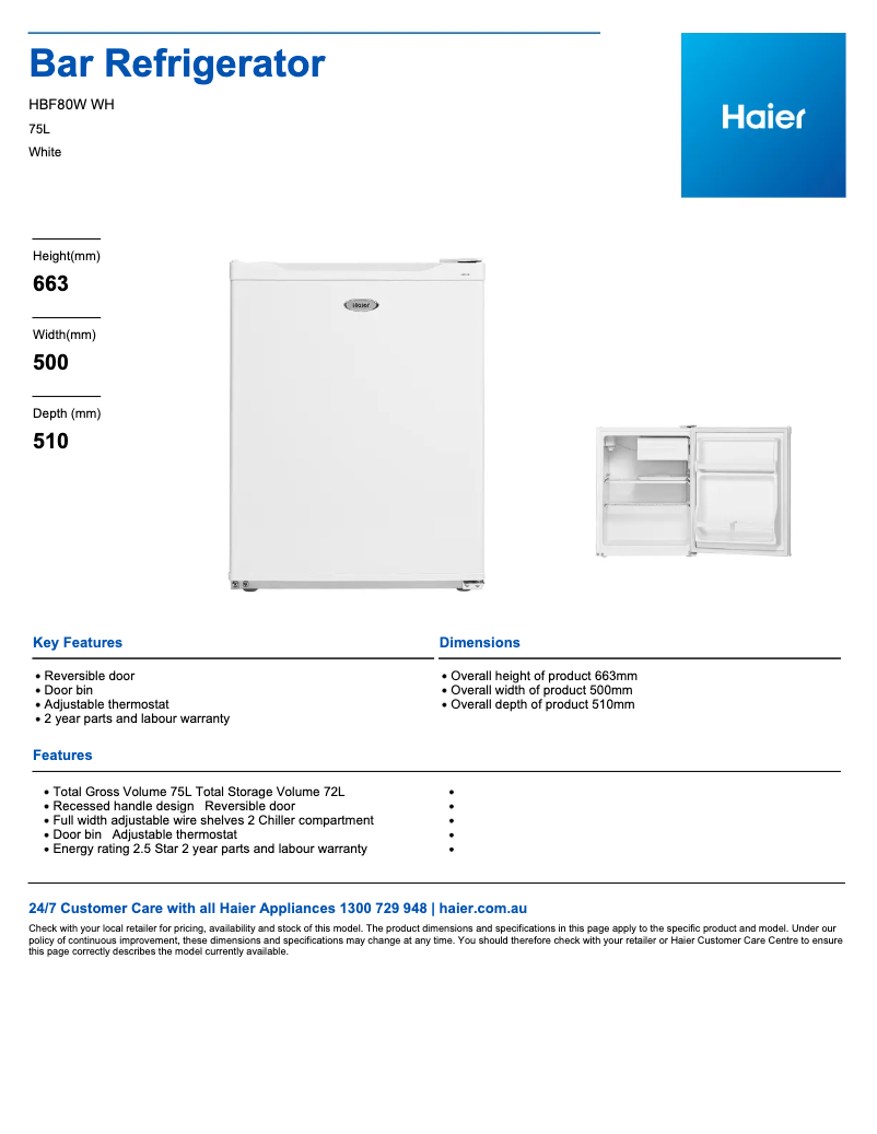 Page 1 of the manual Technical Sheet Haier HBF80W