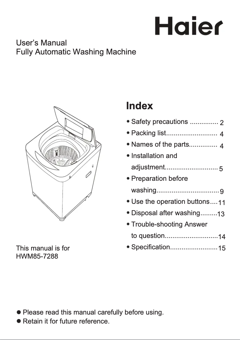 Page 1 de la notice Manuel utilisateur Haier HWM 85-7288