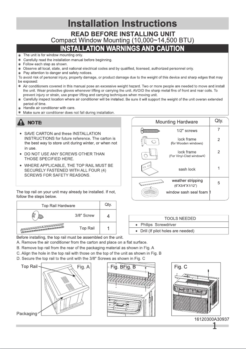 Page 1 de la notice Guide d'installation Frigidaire FHWC103TC1