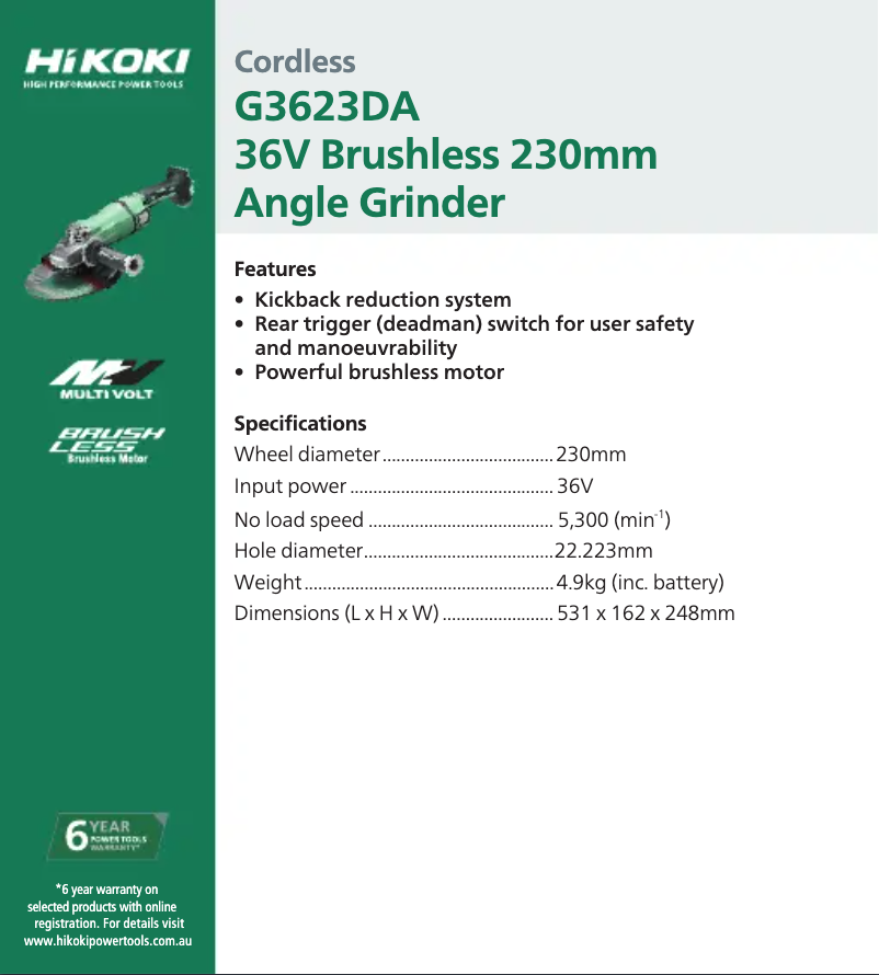 Page 1 de la notice Fiche technique HiKOKI G 3623DA