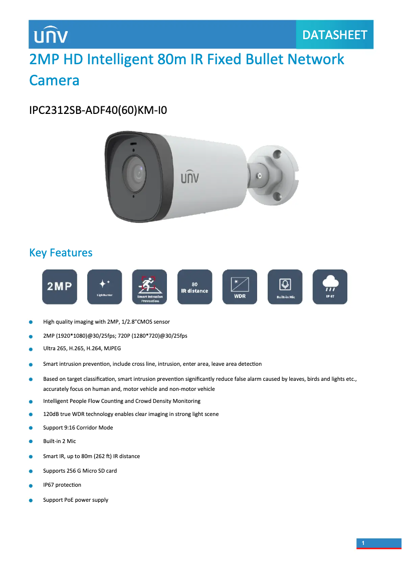 Page n°1 - Fiche technique UniView IPC2312SB-ADF40(60)KM-I0