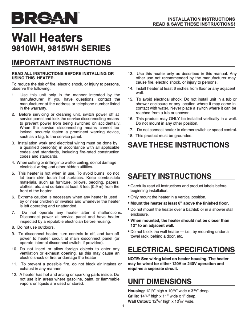 Page 1 de la notice Guide d'installation Broan 9810WH