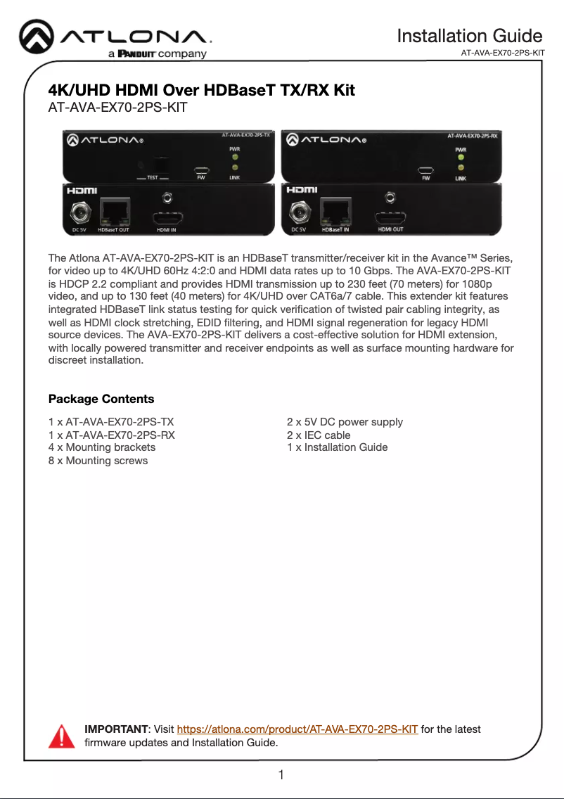 Page n°1 - Manuel utilisateur Atlona ATAVAEX702PSKIT