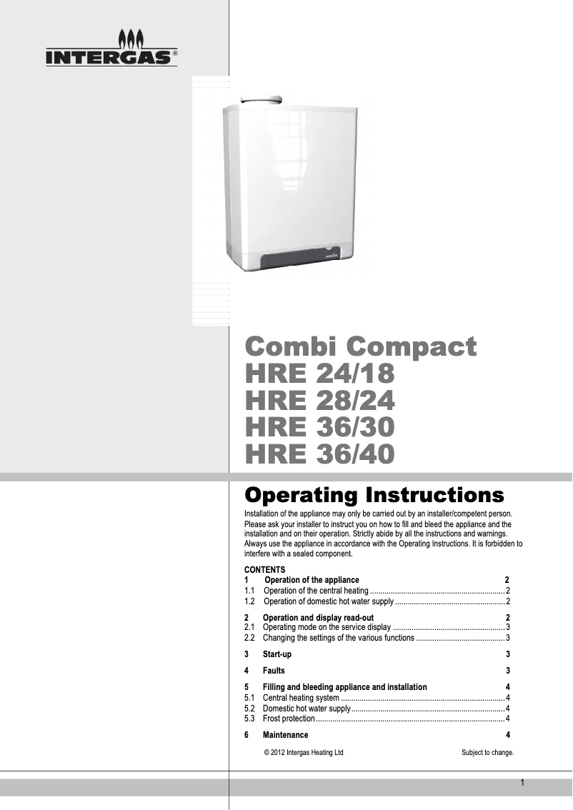 Page 1 de la notice Manuel utilisateur Intergas Kombi Kompakt HRE 36/30