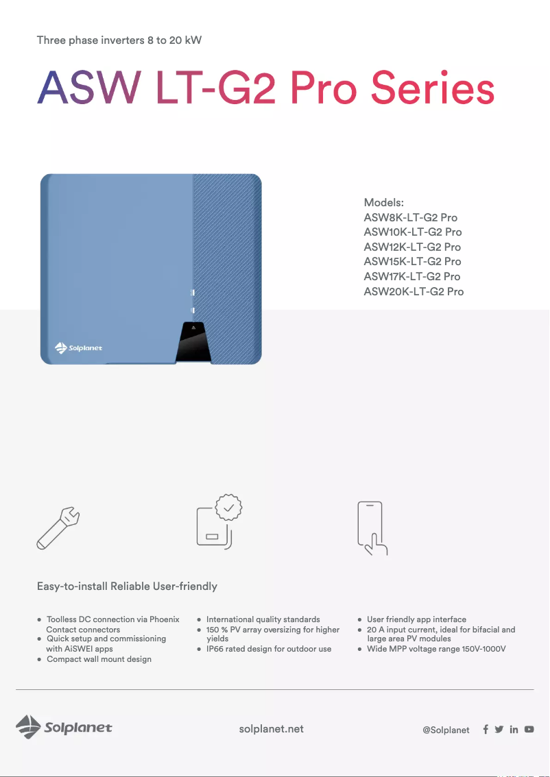 Page n°1 - Fiche technique Solplanet ASW20K-LT-G2-Pro