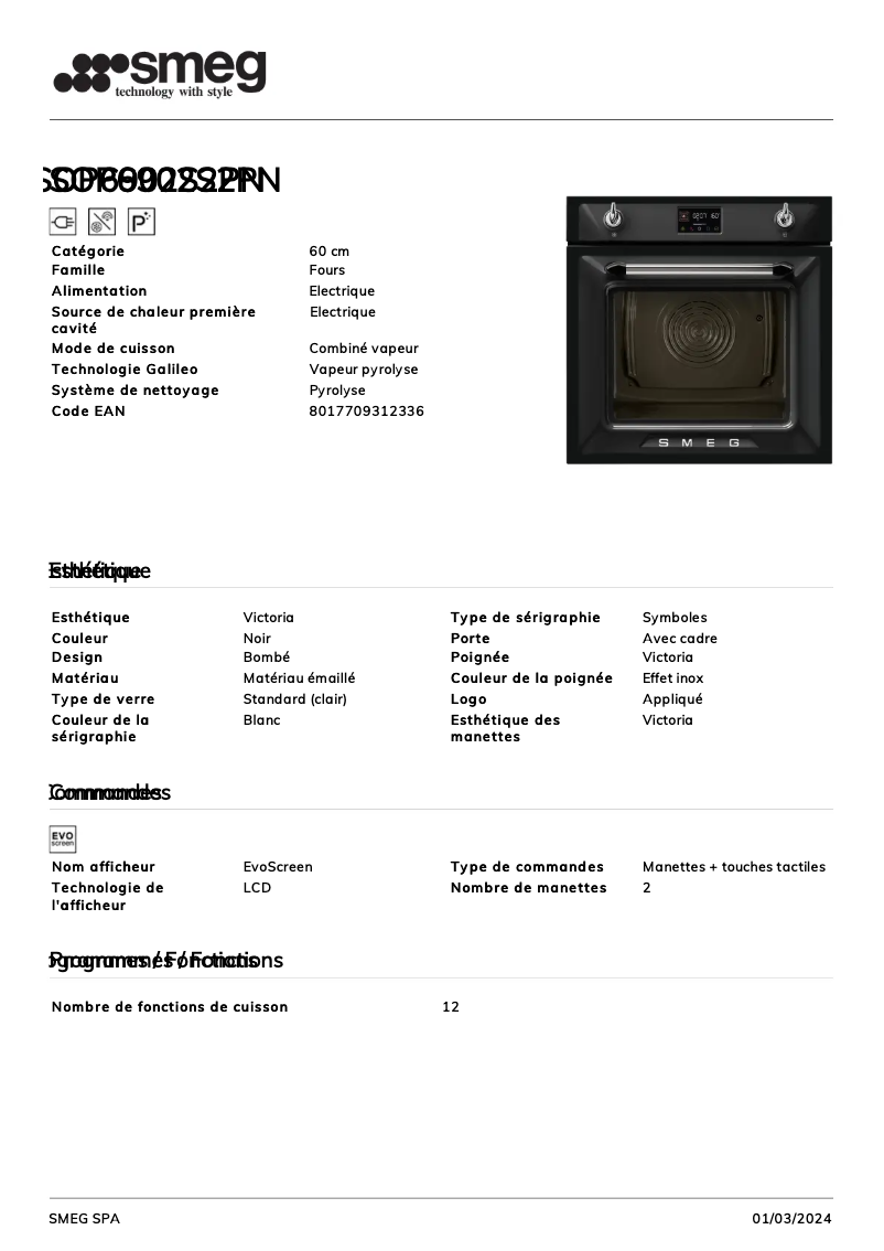 Page n°1 - Fiche technique Smeg SOP6902S2PN