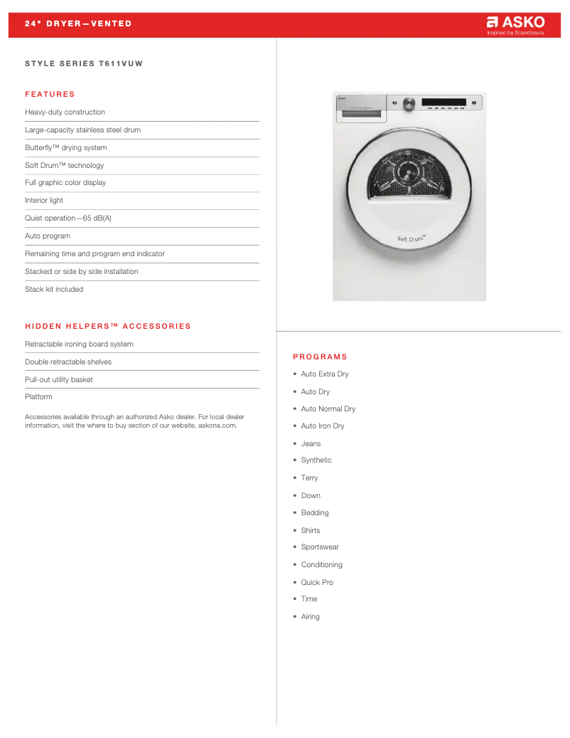Página 1 del manual Ficha técnica Asko T611VUW
