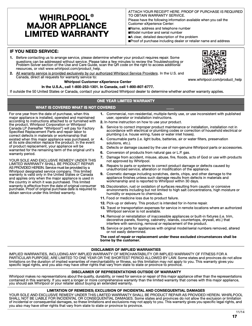 Page 1 de la notice Informations de garantie Whirlpool WRF555SDHB