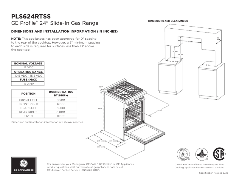 Page n°1 - Fiche technique GE Profile PLS624RTSS