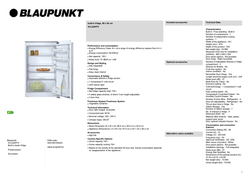Page 1 de la notice Fiche technique Blaupunkt 5CL220FF0