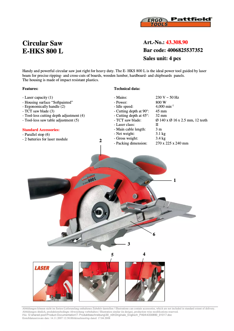 Page 1 de la notice Manuel utilisateur Ergotools Pattfield E-HKS 800 L
