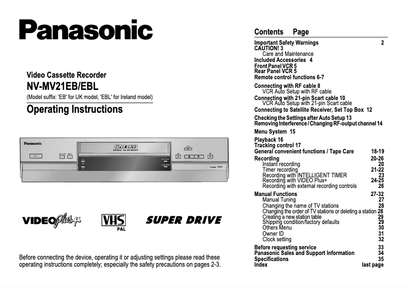 Page n°1 - Manuel utilisateur Panasonic NV-HV21