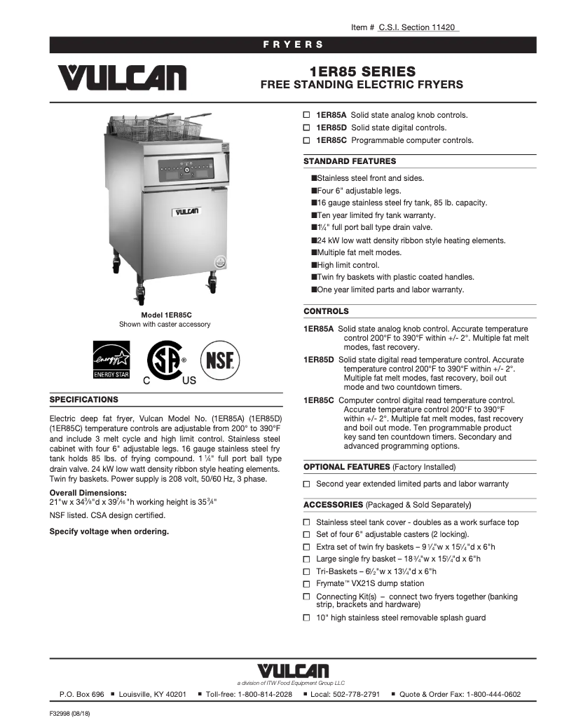 Page 1 de la notice Fiche technique Vulcan ER85