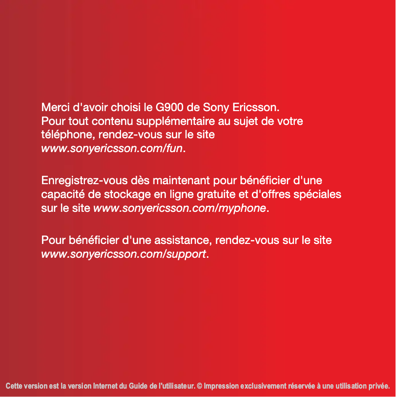 Page 1 de la notice Manuel utilisateur Sony Ericsson G900