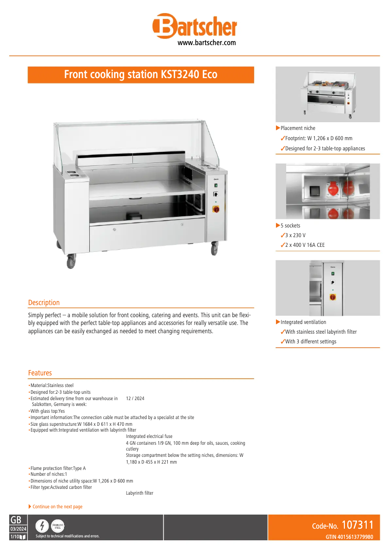 Page n°1 - Fiche technique Bartscher KST3240 Eco
