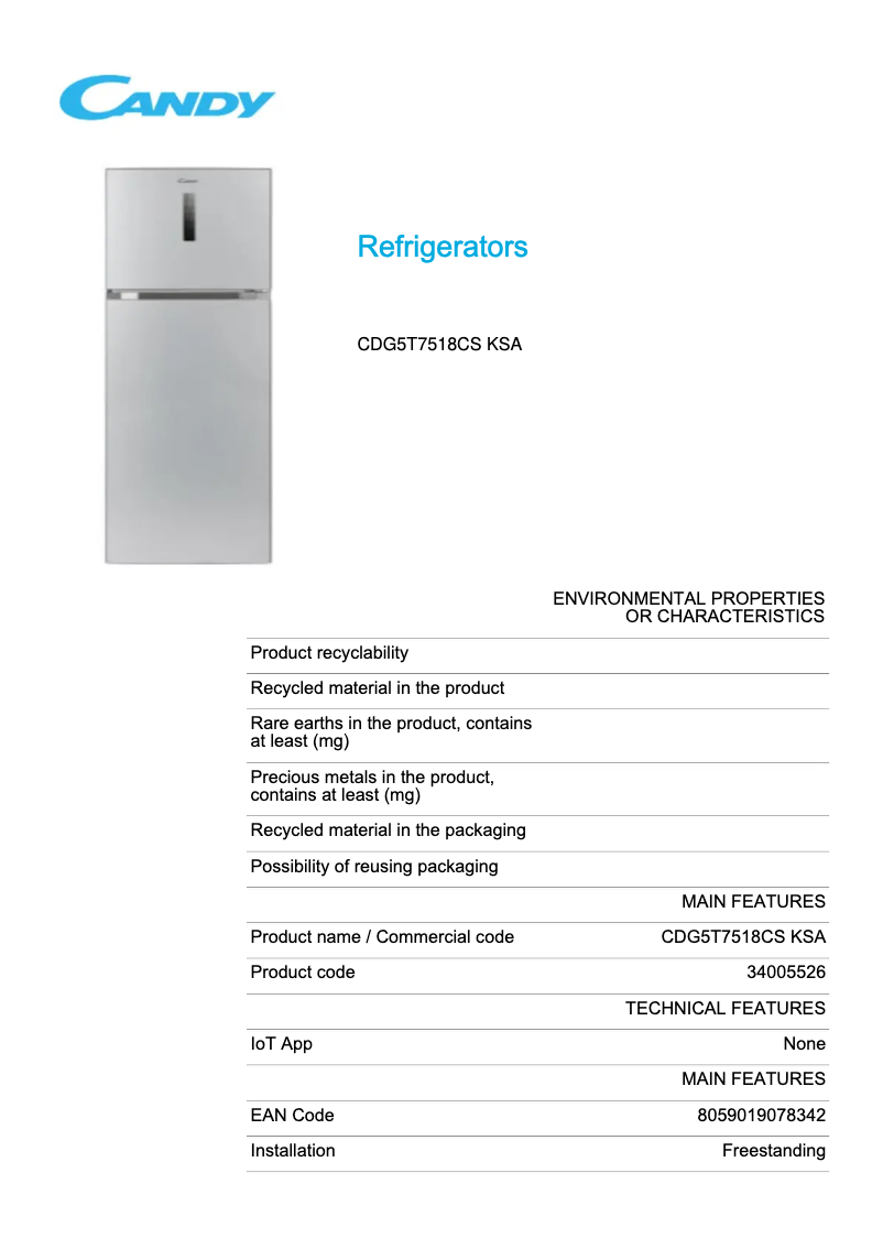 Page n°1 - Fiche technique Candy CDG5T7518CS KSA