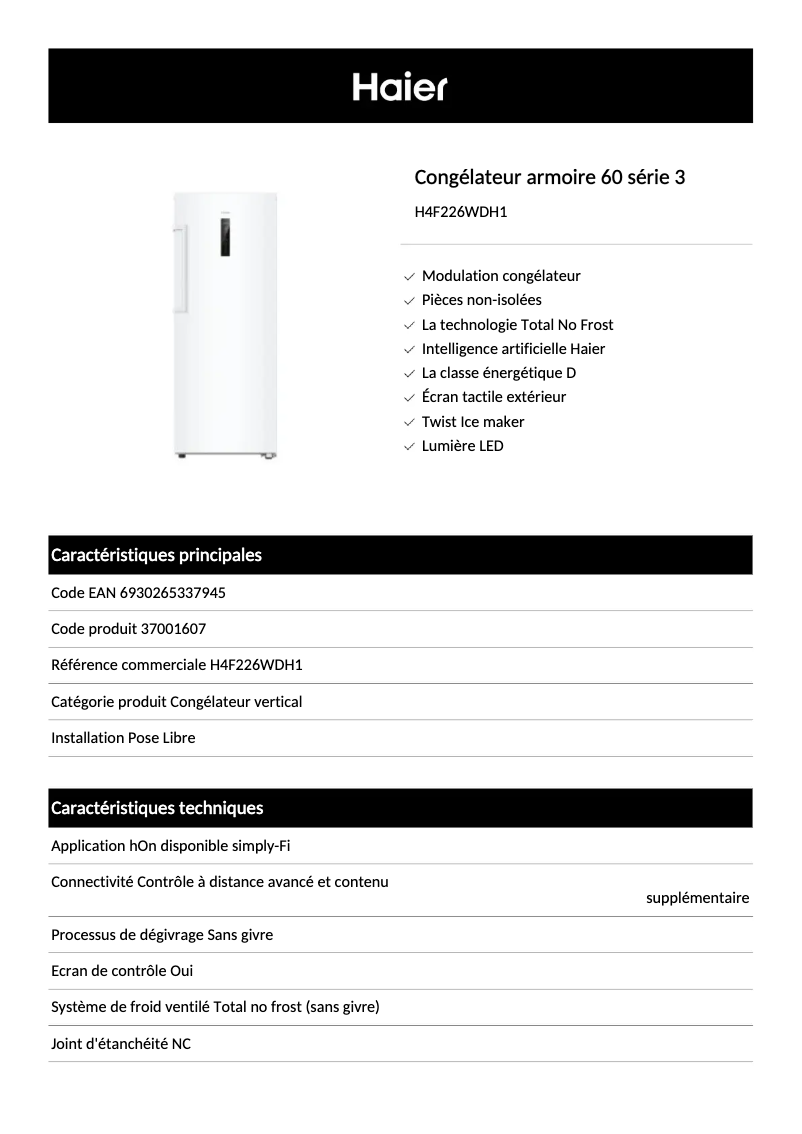 Page n°1 - Fiche technique Haier H4F226WDH1