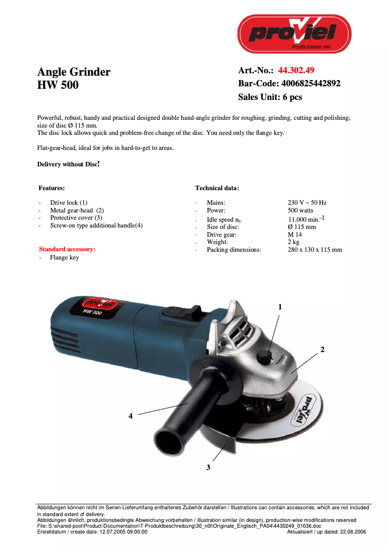 Página 1 del manual Ficha técnica Proviel HW 500