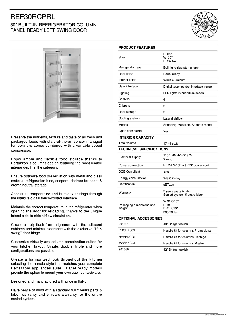 Page n°1 - Fiche technique Bertazzoni REF30RCPRL