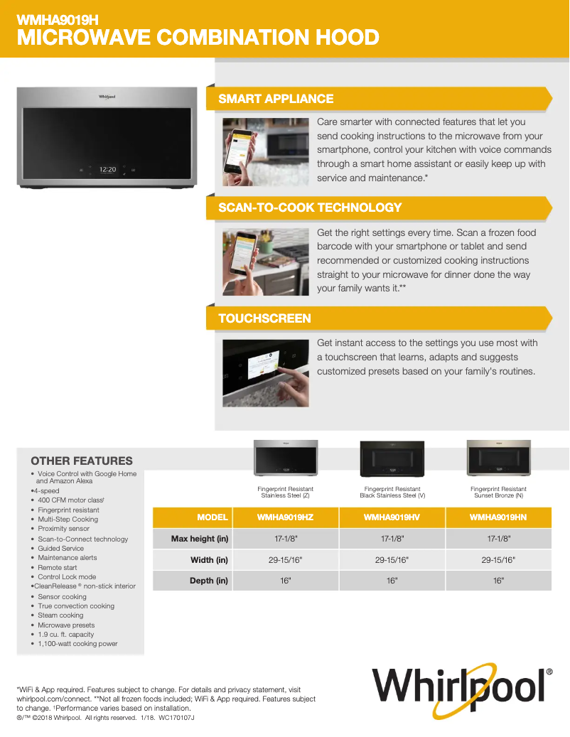 Page 1 de la notice Fiche technique Whirlpool WMHA9019HV
