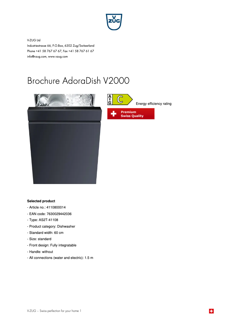 Page 1 de la notice Brochure V-Zug AdoraDish V2000