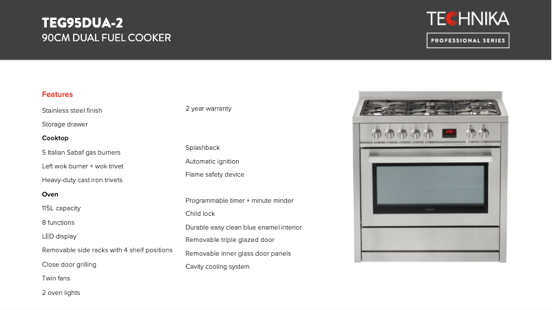 Page 1 de la notice Fiche technique Technika TEG95DUA-2