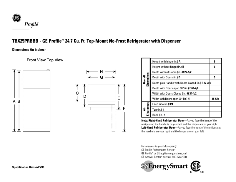 Page n°1 - Fiche technique GE Profile TBX25PRBRAA