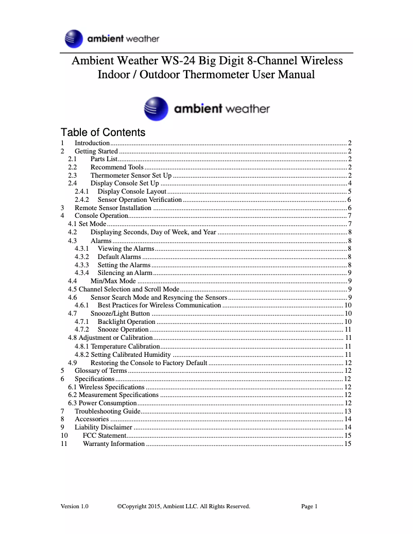 Page n°1 - Manuel utilisateur Ambient Weather WS-24