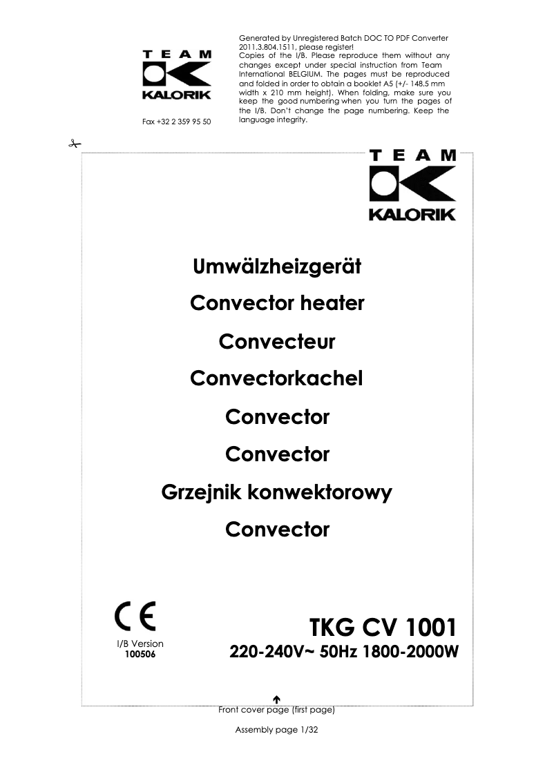 Page 1 de la notice Manuel utilisateur Kalorik TKG CV 1001