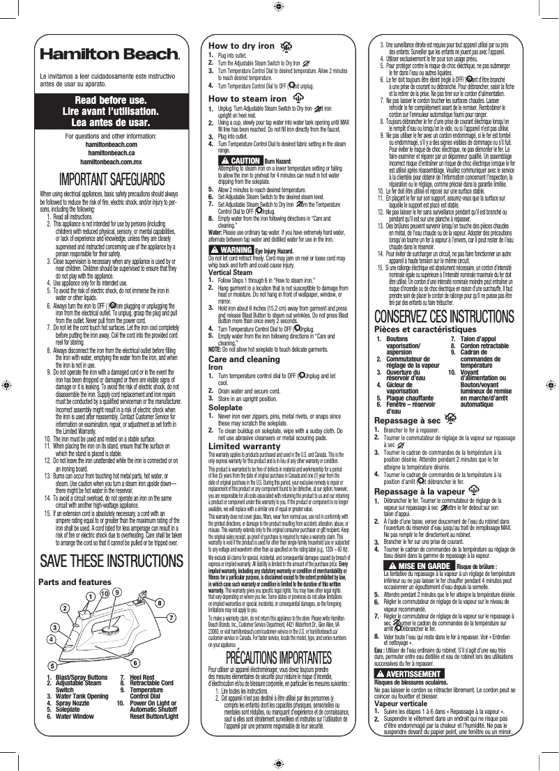 Page 1 de la notice Manuel utilisateur Hamilton Beach 14289F