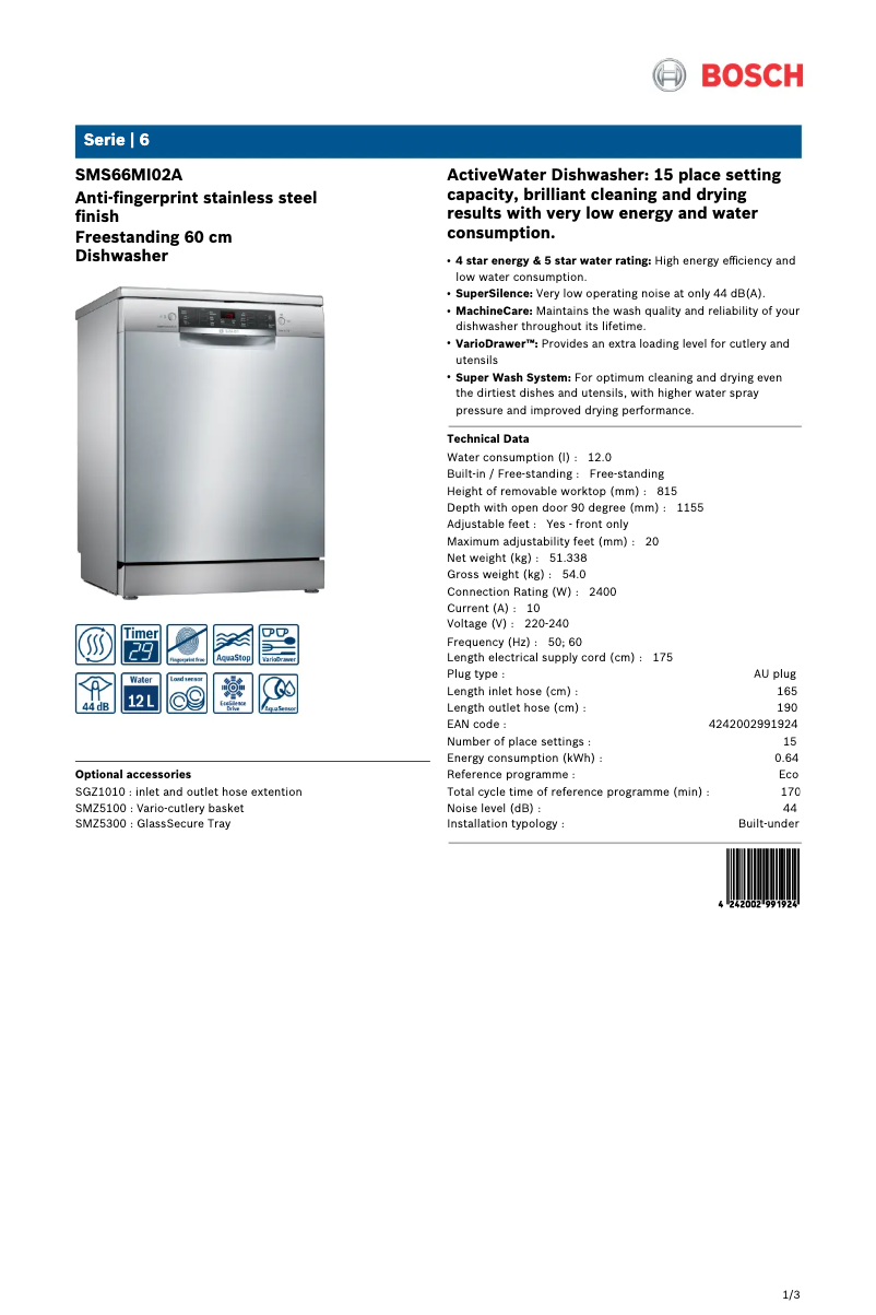 Página 1 del manual Ficha técnica Bosch SMS66MI02A