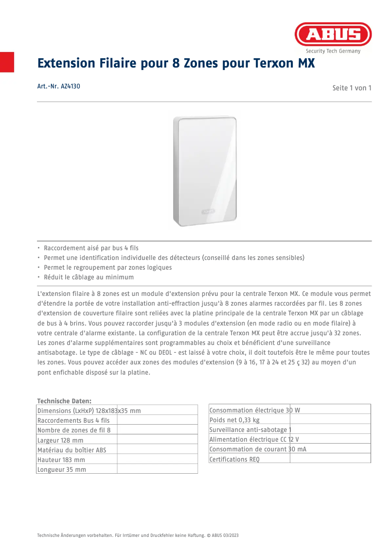 Page n°1 - Fiche technique Abus AZ4130