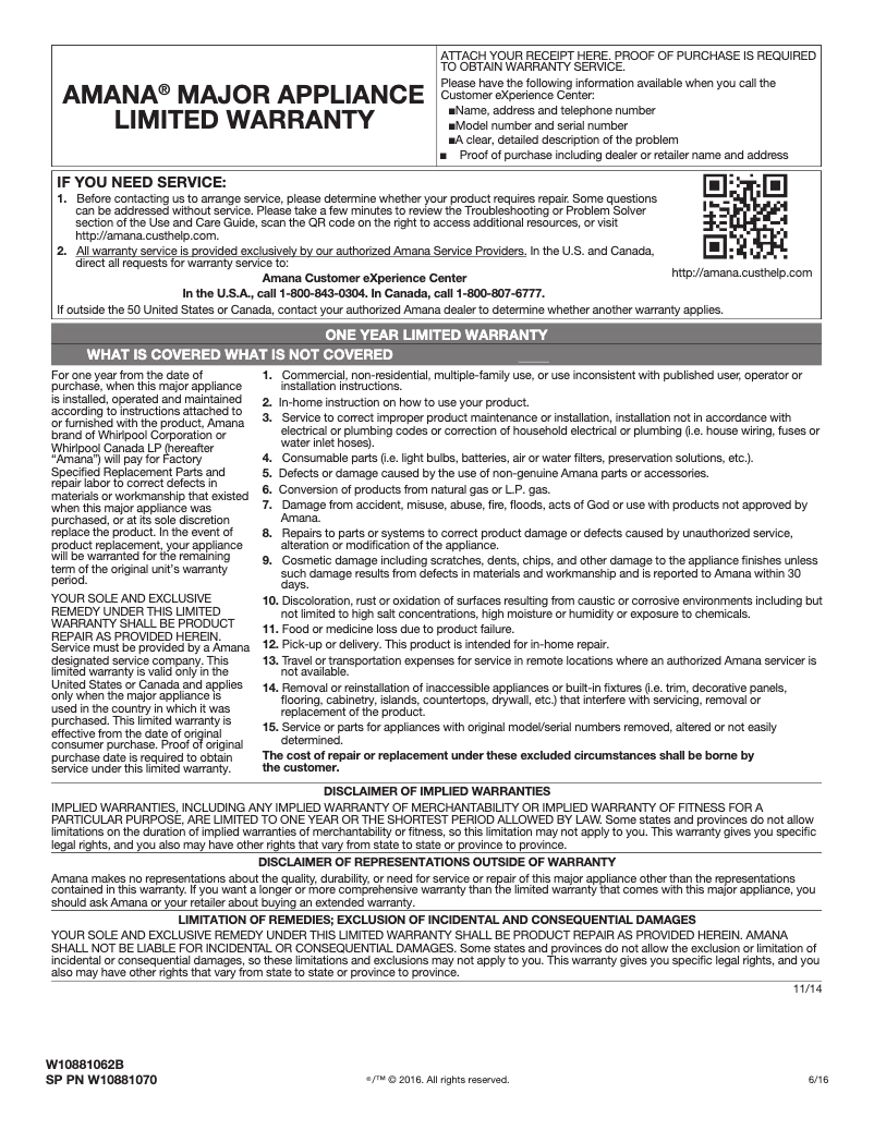 Page 1 de la notice Informations de garantie Amana AER6303MFB