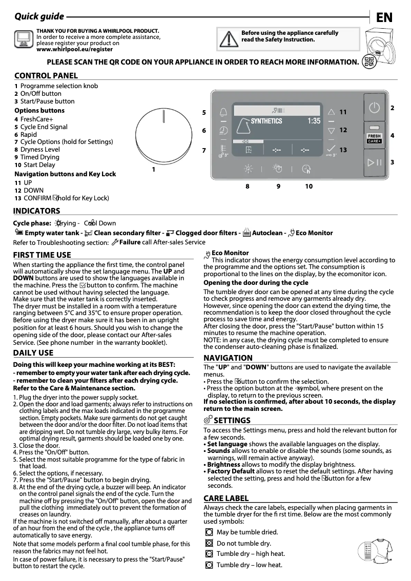 Página 1 del manual Guía de instalación Whirlpool W7 D94WB EE