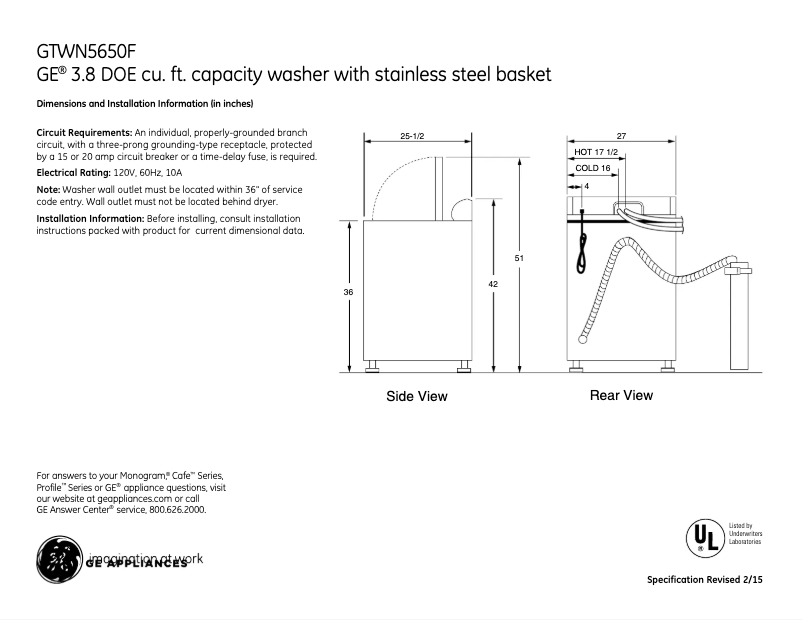 Page 1 de la notice Fiche technique GE GTWN5650FWS