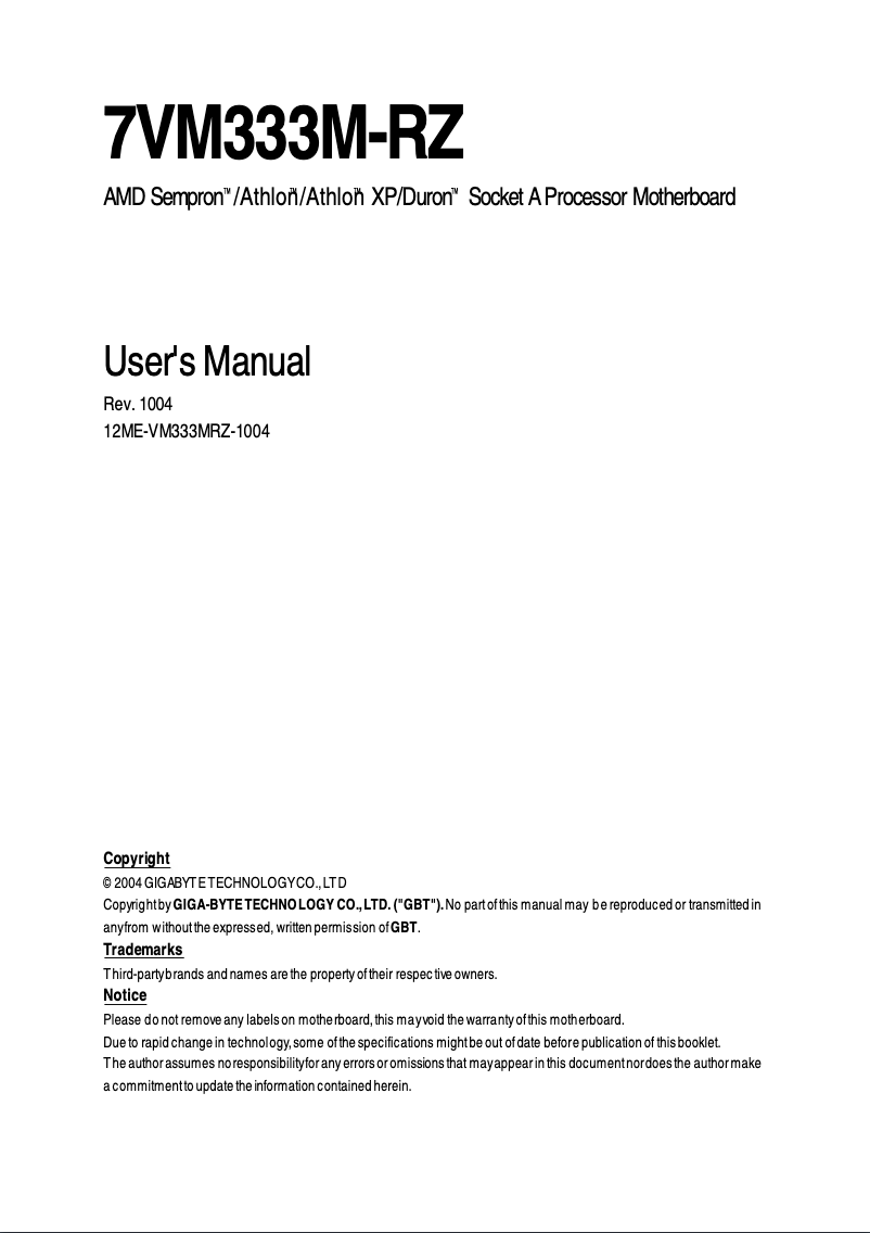 Page n°1 - Manuel utilisateur Gigabyte 7VM333M-RZ