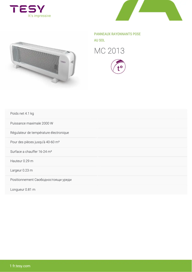Page 1 de la notice Manuel utilisateur Tesy MC 2013