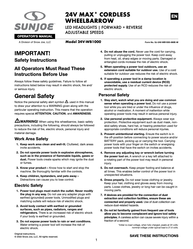 Page 1 de la notice Manuel utilisateur Sun Joe 24V-WB1000