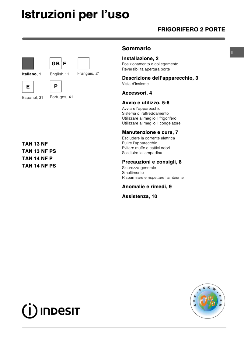 Page 1 de la notice Manuel utilisateur Indesit TAN 14 NF P (0)