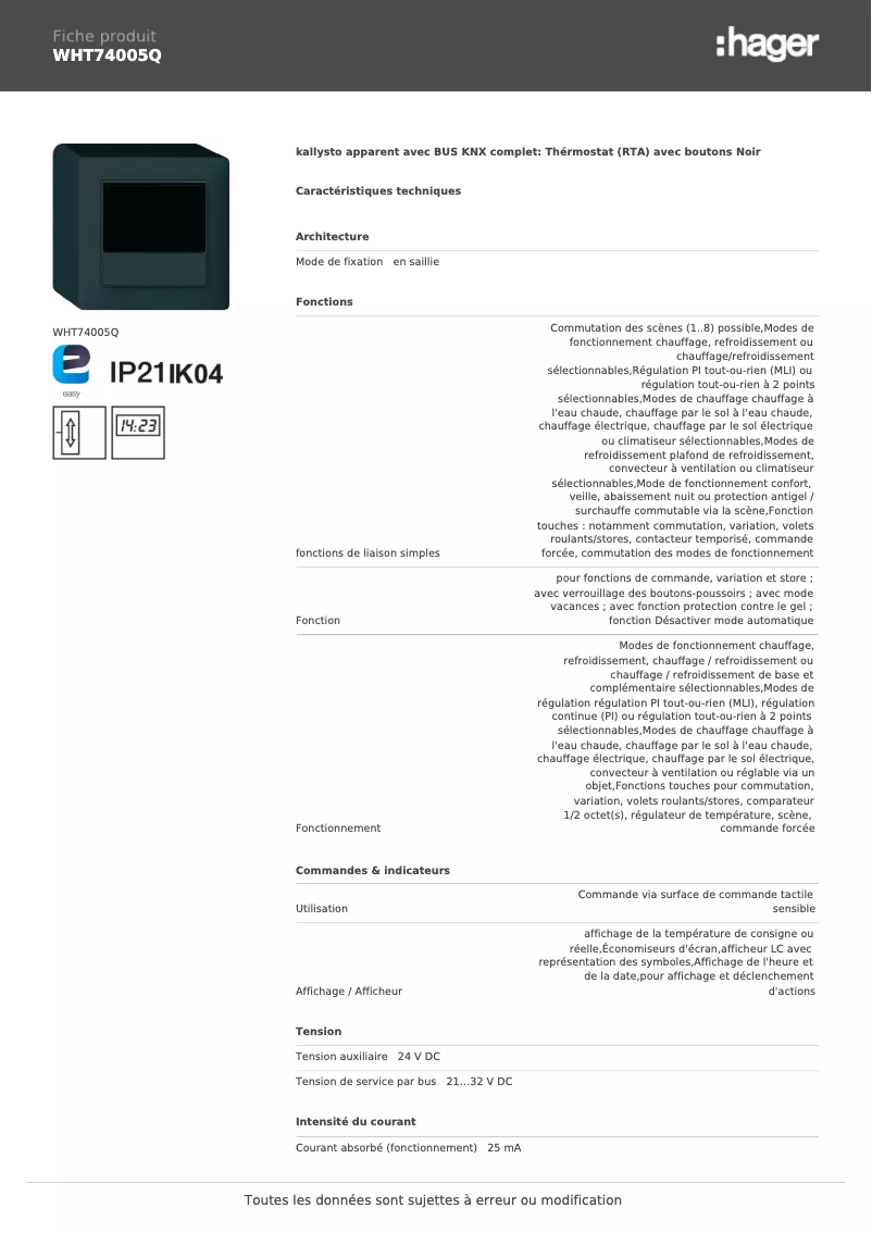 Image de la première page du manuel de l'appareil WHT74005Q