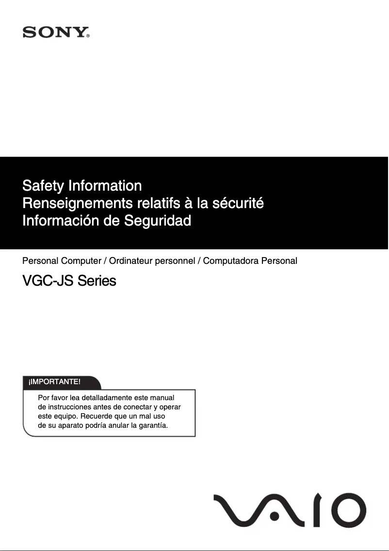 Página 1 del manual Instrucciones de seguridad Sony Vaio VGC-JS410F