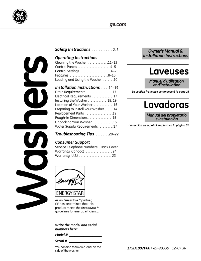 Page n°1 - Manuel utilisateur GE WCVH6800JMV
