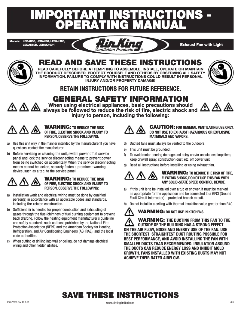 Page 1 de la notice Instructions / montage Air King LEDAK50