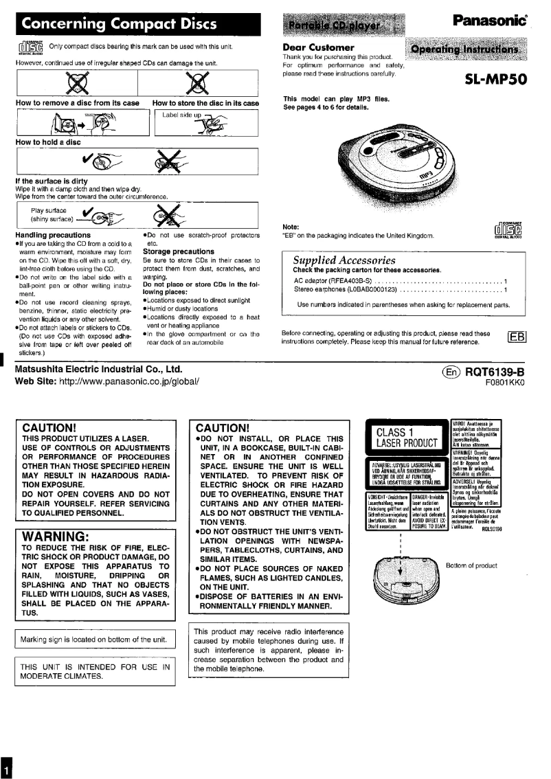 Page n°1 - Manuel utilisateur Panasonic SL-MP50