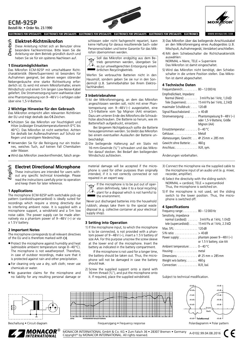 Page 1 de la notice Manuel utilisateur Monacor ECM-925P