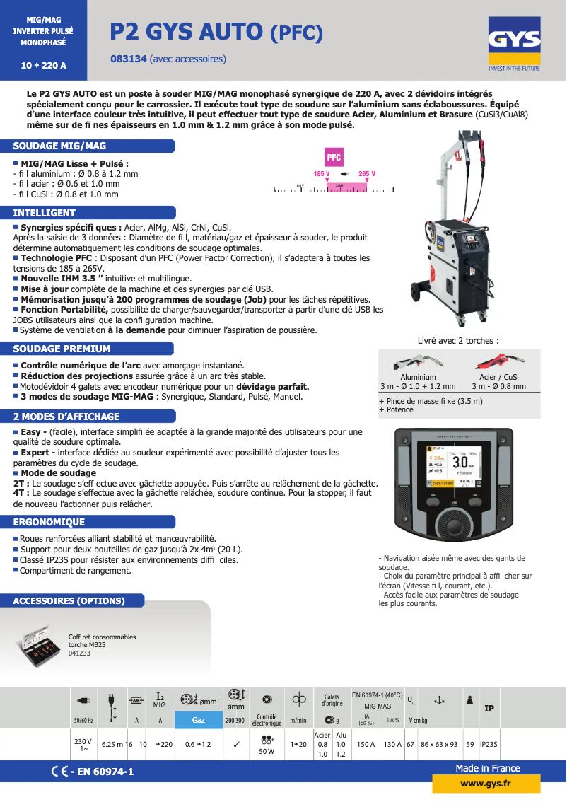 Page 1 de la notice Fiche technique GYS P2 Auto