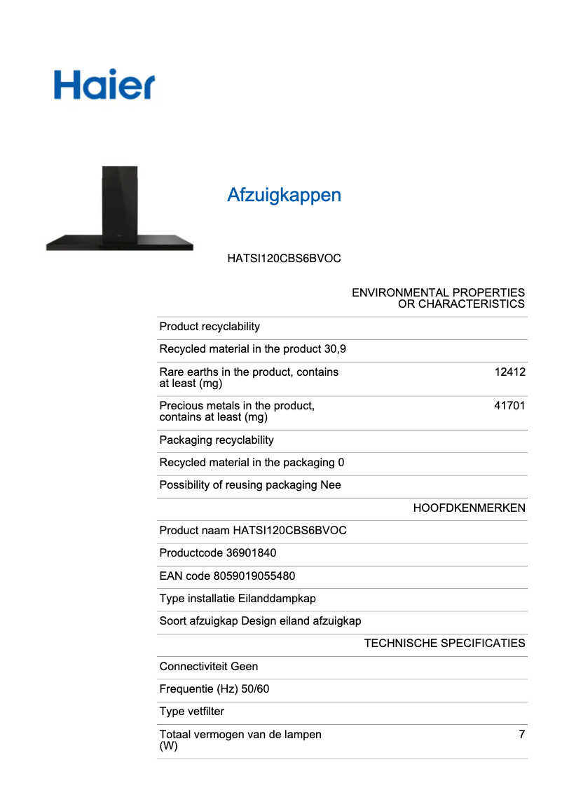 Page n°1 - Fiche technique Haier HATSI120CBS6BVOC