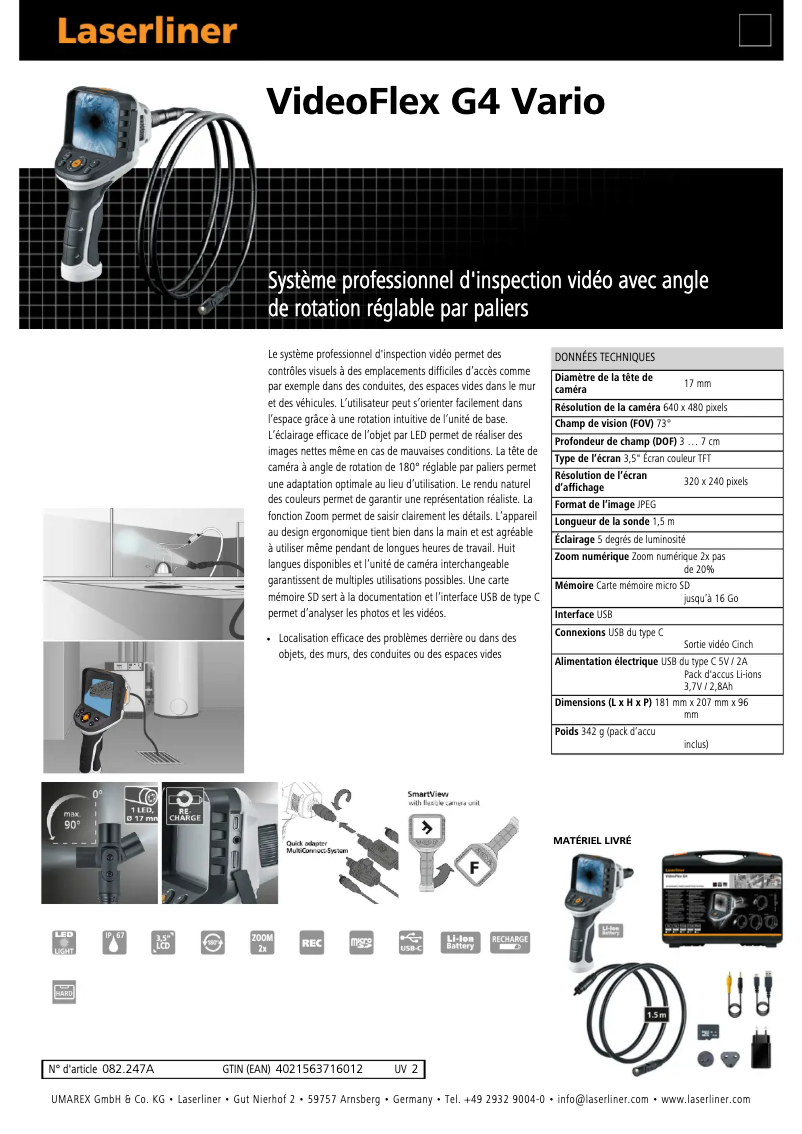 Page 1 de la notice Fiche technique Laserliner VideoFlex G4 Vario